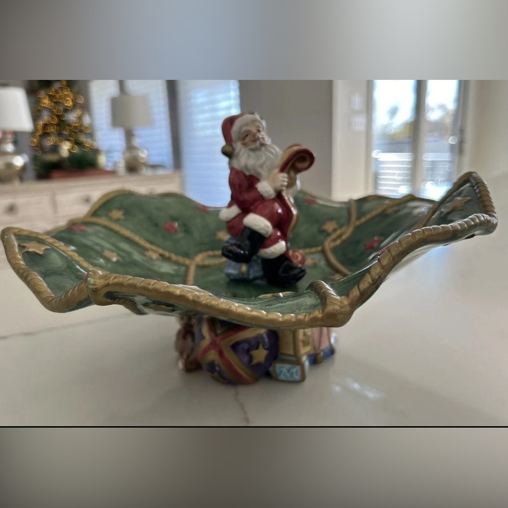 Fitz And Floyd Santas List Compote pedestal Dish 1995 Green Santa Christmas